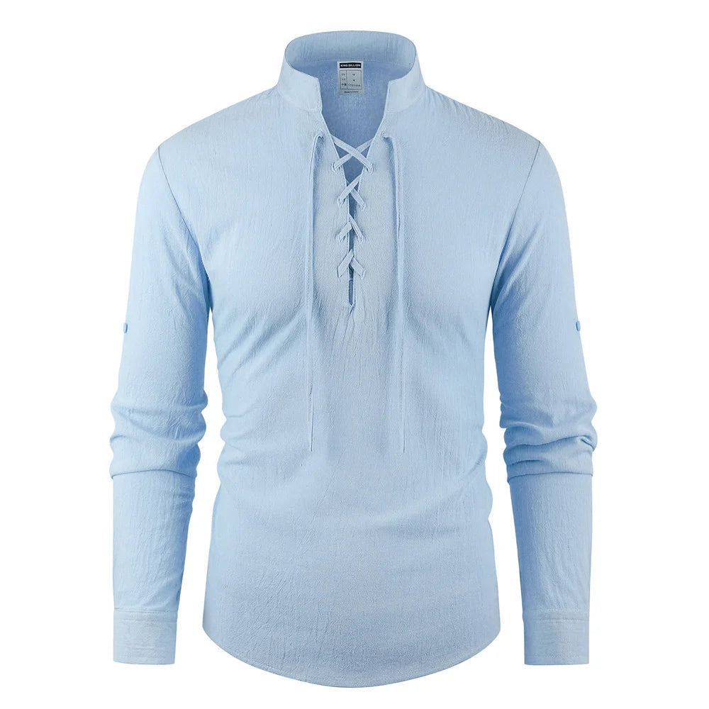 Cotton Linen Men's Vintage Pirate Shirt Medieval Viking Henley Neck