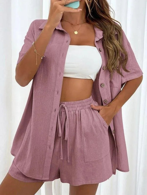 2 Pieces Women Sets Summer Solid Color Short Sleeve Open Stitch Button