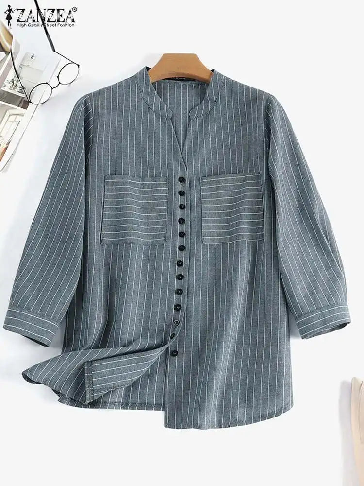 ZANZEA Women Vintage Striped Blouse Summer 3/4 Sleeve Loose Shirt