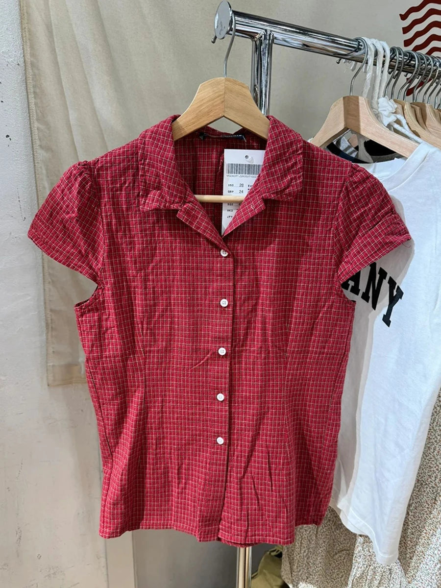 Red Plaid Slim T-Shirt Blouse Woman Summer Peter pan Collar Single