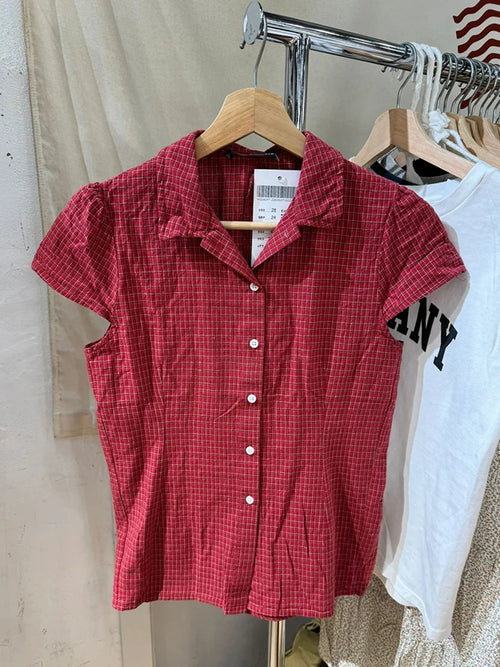 Red Plaid Slim T-Shirt Blouse Woman Summer Peter pan Collar Single