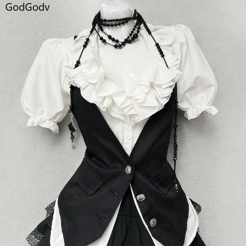 Spring Sweet Retro Elegant Woman 3 Piece Sets Preppy Style Black Vest