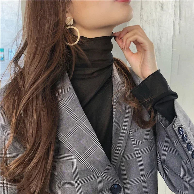 Mesh Long Sleeve  T-Shirt Women Turtleneck Vintage Office Lady Tshirts