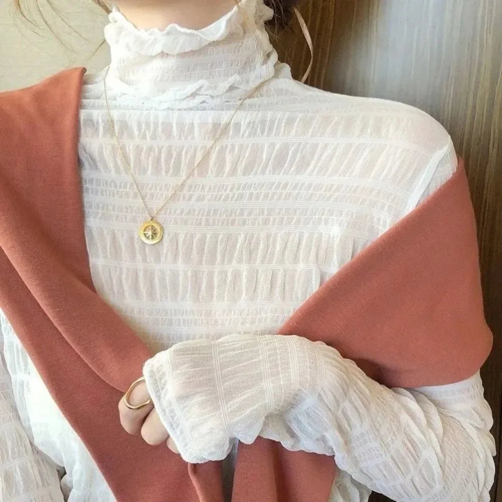 Women Elegant High Neck Polka Dot Blouse Mesh Lace Stitching Puff Long