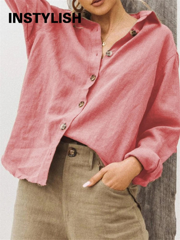 Casual Long Sleeve Cotton Linen Loose Women's Blouse  Elegant Solid