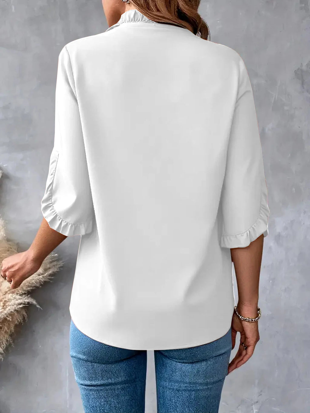 V Neck Ruffle Trim Short Sleeve Blouse Flowy Casual Top