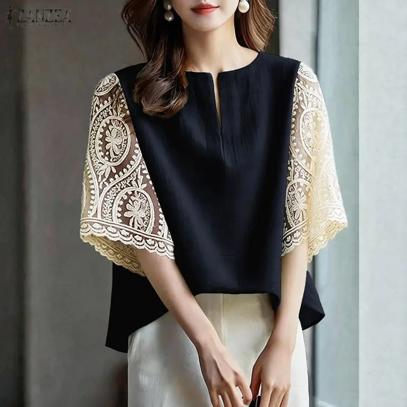 2026 Summer Lace Patchwork Blouse ZANZEA Women Elegant 3/4 Sleeve Work