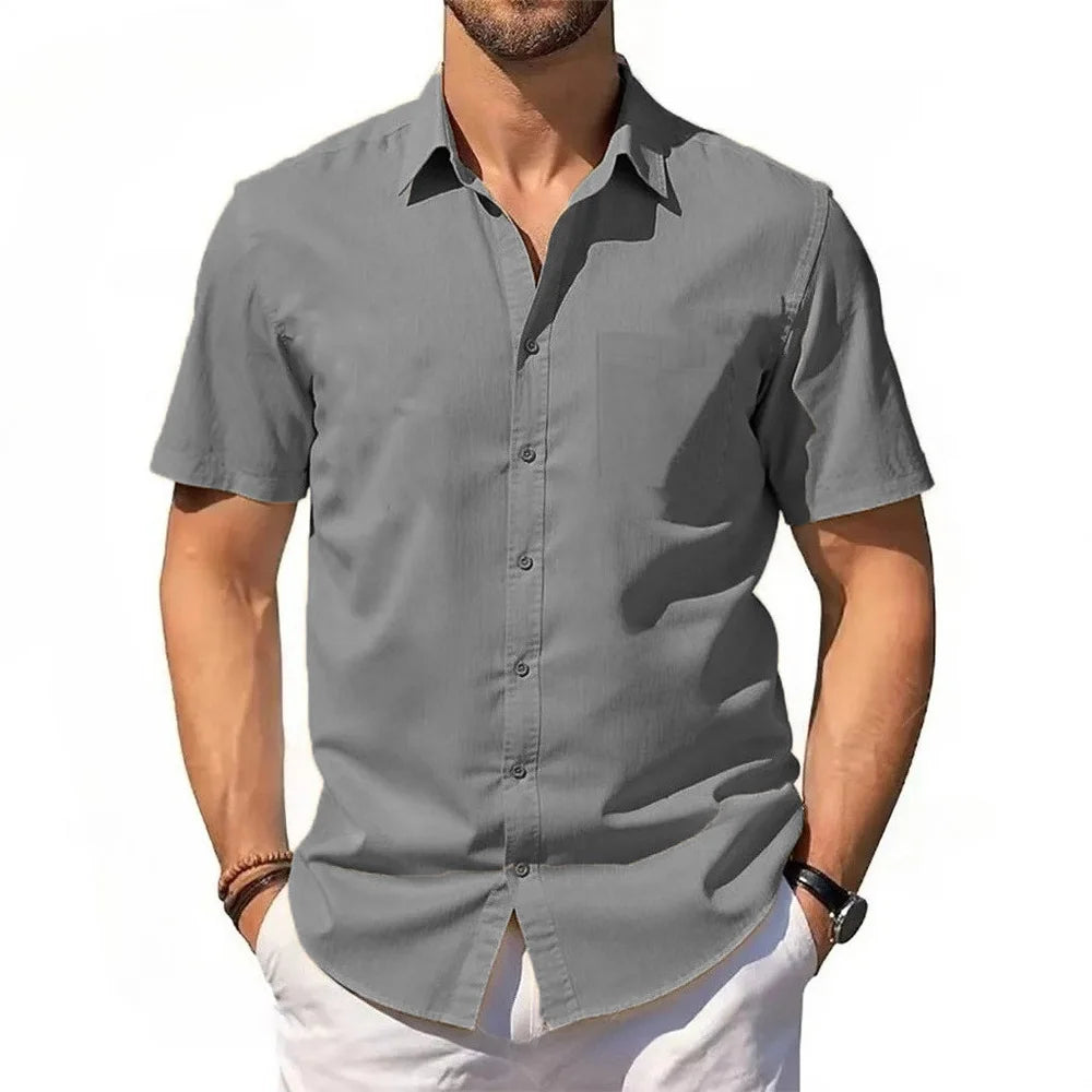 Men's Cotton Linen Shirt Summer Short Sleeve Button Up Hawaiian