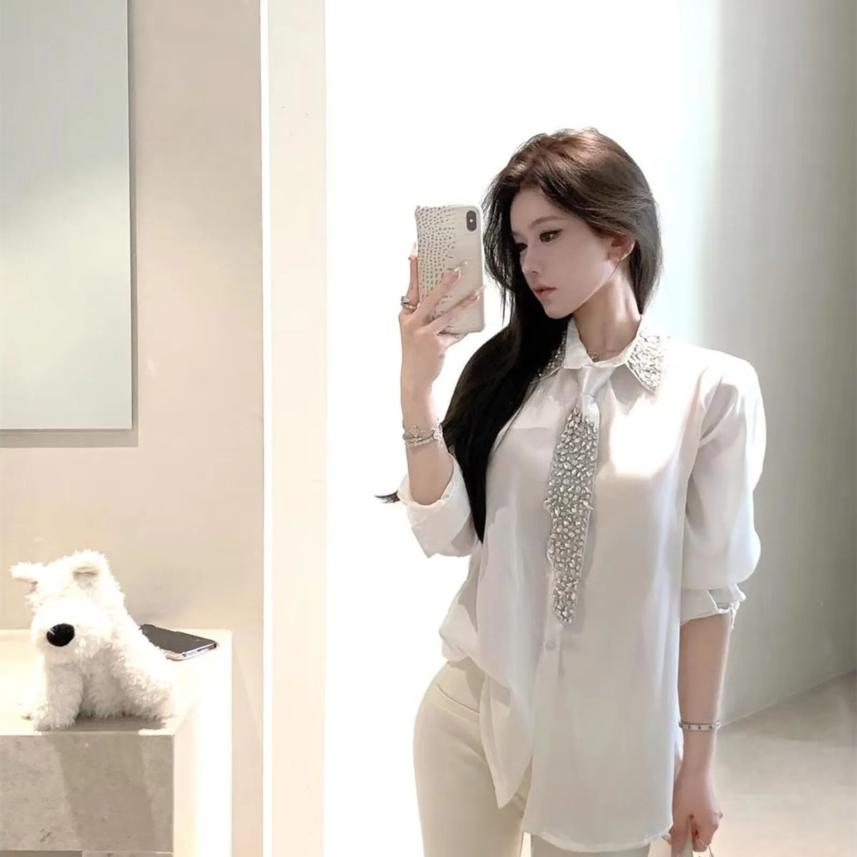 2025 Women's White Shirt New Spring Autumn Crystal Beading With