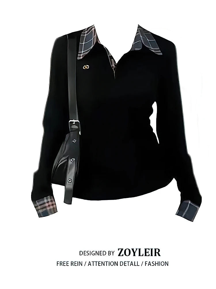 Preppy Polo Neck Plaid Long Sleeve Layered T Shirt Women Fake