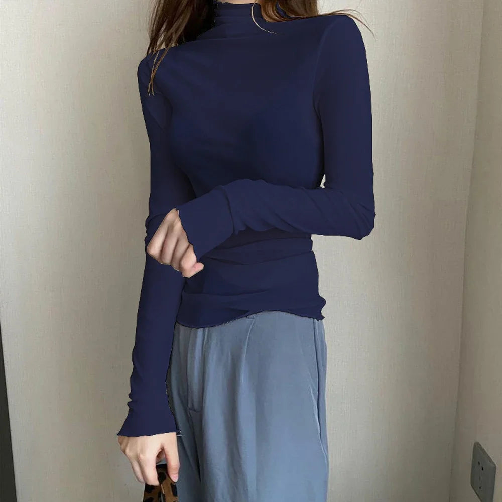 Women Blouses Ladies Party Female Bottoming Tops High Neck Long Sleeve