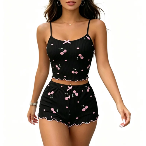 Women's Heart Print Sexy Ribbed Bow Decor Pajama Set, Round Neck