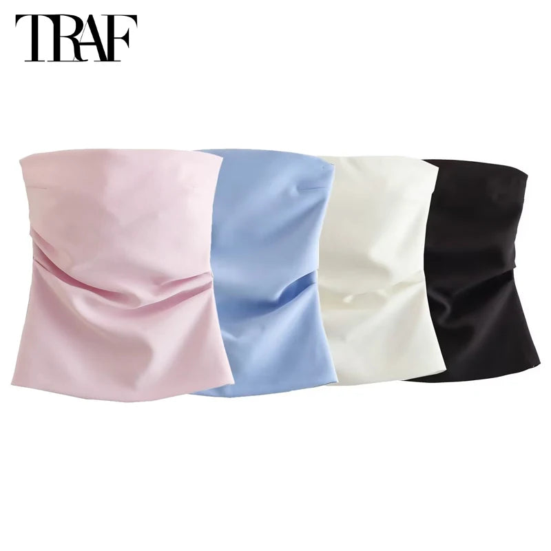TRAF off Shoulder Crop Top Woman Ruched Backless Tube Top Women Summer