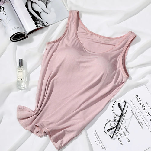 2023 Women's Vest Tops with Built In Bra Neck Vest Solid Color Padded