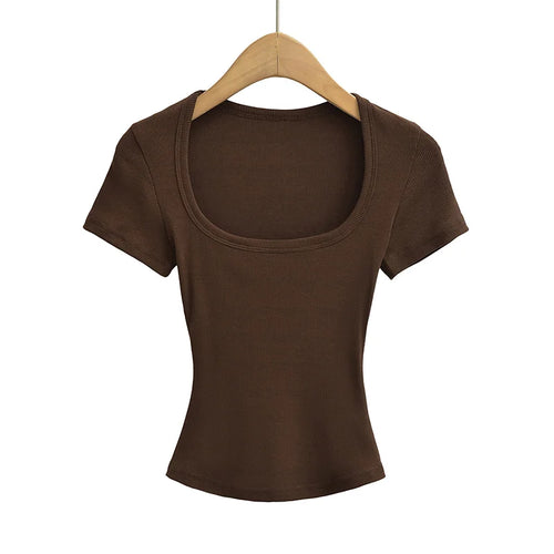 Square Collar High Stretch Summer Crop Tops Women Short Sleeve Tops