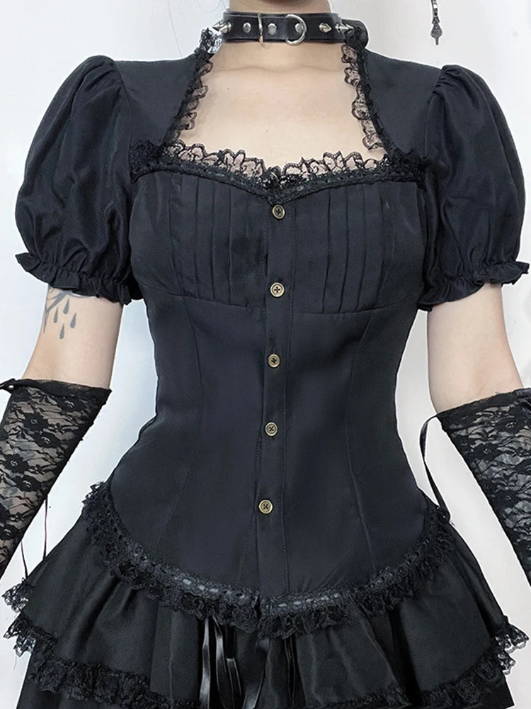 AltGoth Vintage Gothic Lolita T-shirt Women Streetwear Lace Patchwork