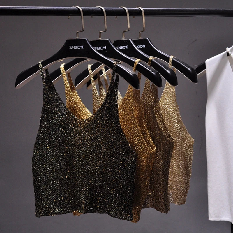 Sparkling Sequins Half Waist Render Knitwear Hollow-out Is Sexy Waist