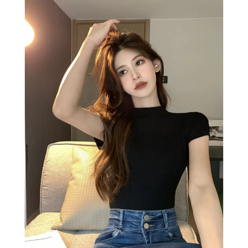 Korean Fashion Basic Crop Top Lady Short Sleeve Crewneck Skinny