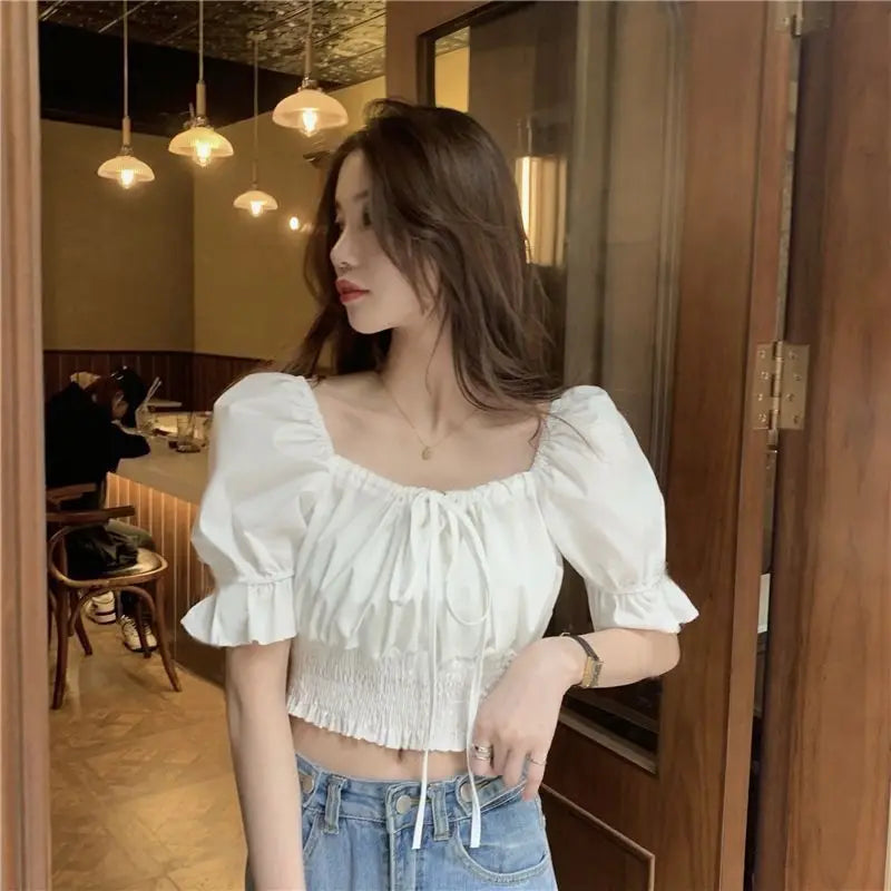 Summer Off Shoulder Lace Up Short Sleeve Blouse Women Crop Top White