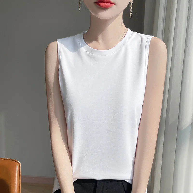 Spring And Summer 100% Cotton Round Neck Sleeveless T-shirt Women's