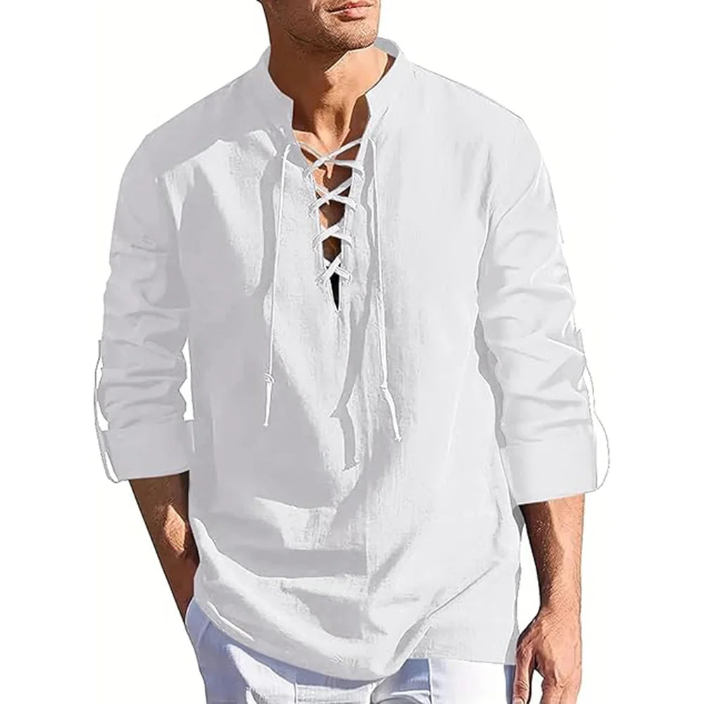 Mens Long Sleeve Pirate Henley Collar Shirts Drawstring Cotton Linen