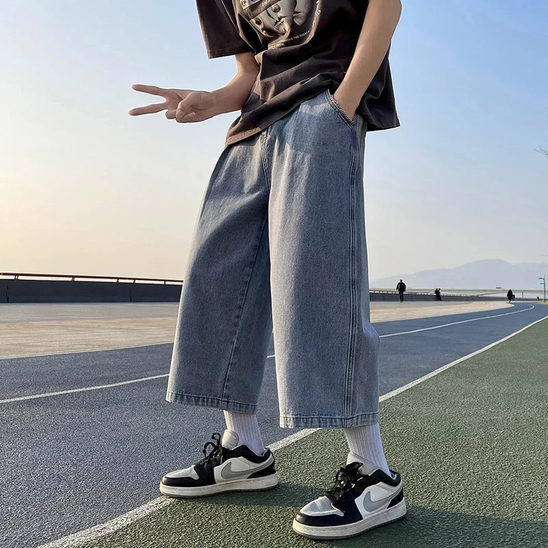 High Quality New Summer Men's Cropped Jeans Loose Straight Leg Casual