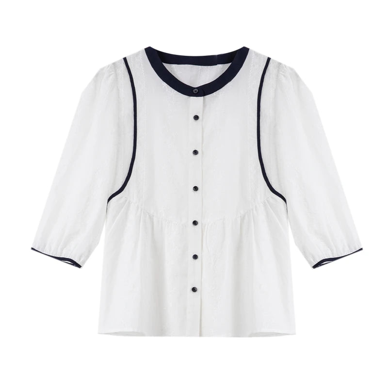VIMLY Elegant Women Cotton White Blouse 2026 Spring Summer Embroidery