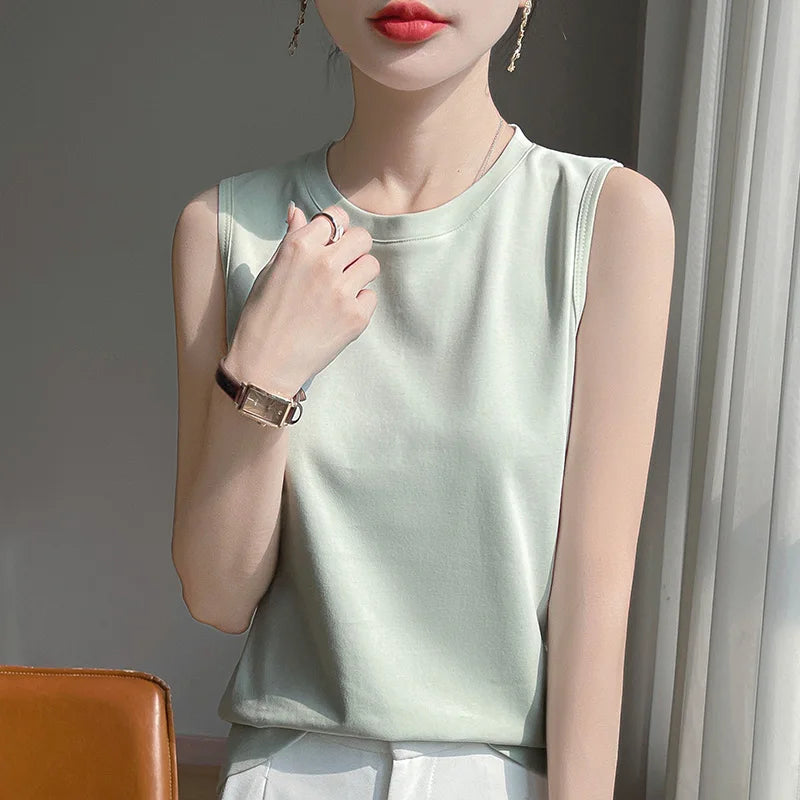 Spring And Summer 100% Cotton Round Neck Sleeveless T-shirt Women's