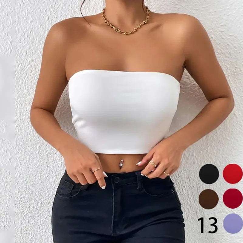 Women Seamless Ice Silk Crop Tops Sexy Gathering Strapless Non-Slip