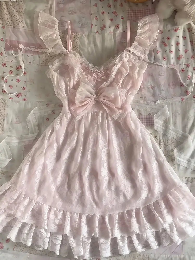 Summer New Girlish Sweet Lace Blouse Cute Bow Slim Kawaii Sling Dress