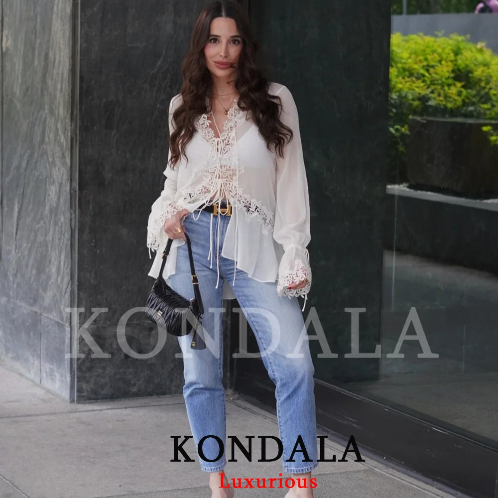 KONDALA Sexy Chiffon Transparent Women Blouses Bow Tie Patchwork Loose