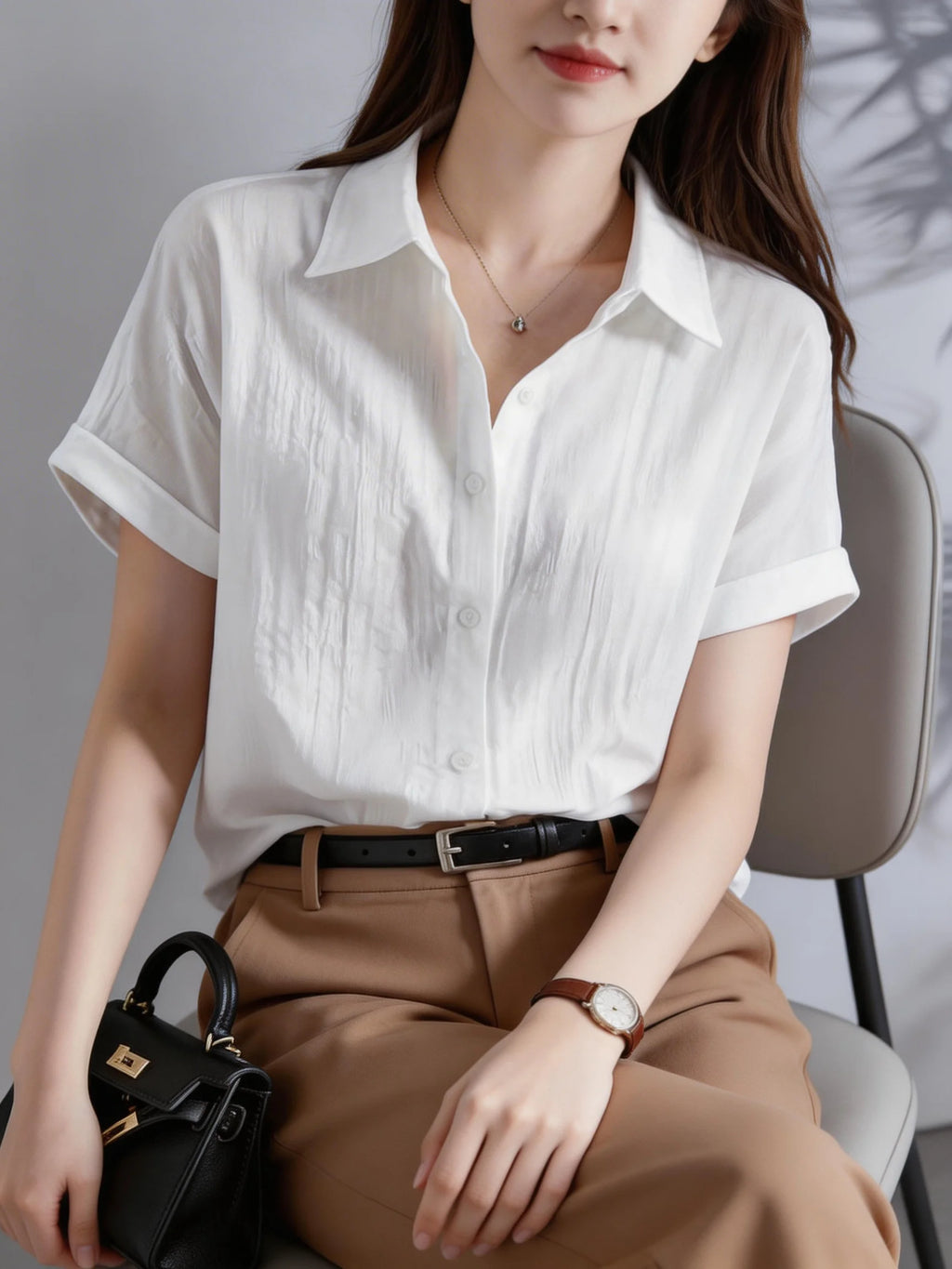 Women's Casual White Blouse, Short Sleeve V-Neck Shirt, Business