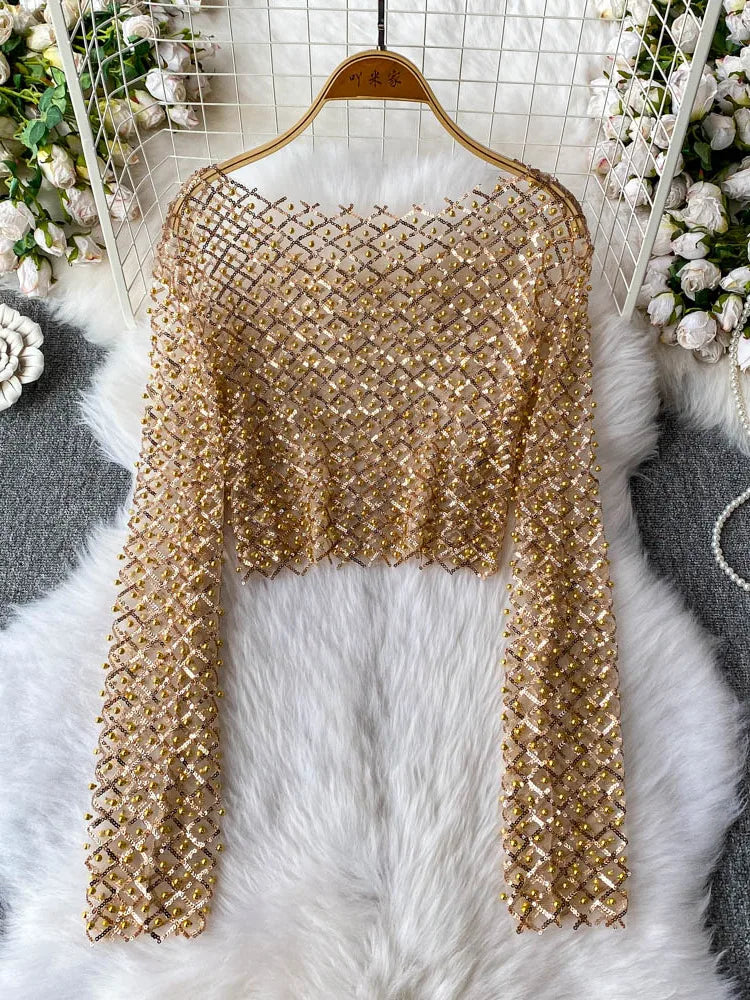 2025 Fashion Streetwear Sequined Sun-proof Blouses Sexy Pearl Beading