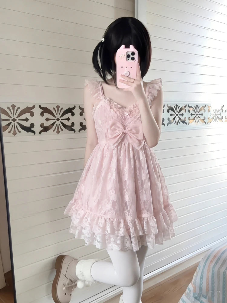 Summer New Girlish Sweet Lace Blouse Cute Bow Slim Kawaii Sling Dress