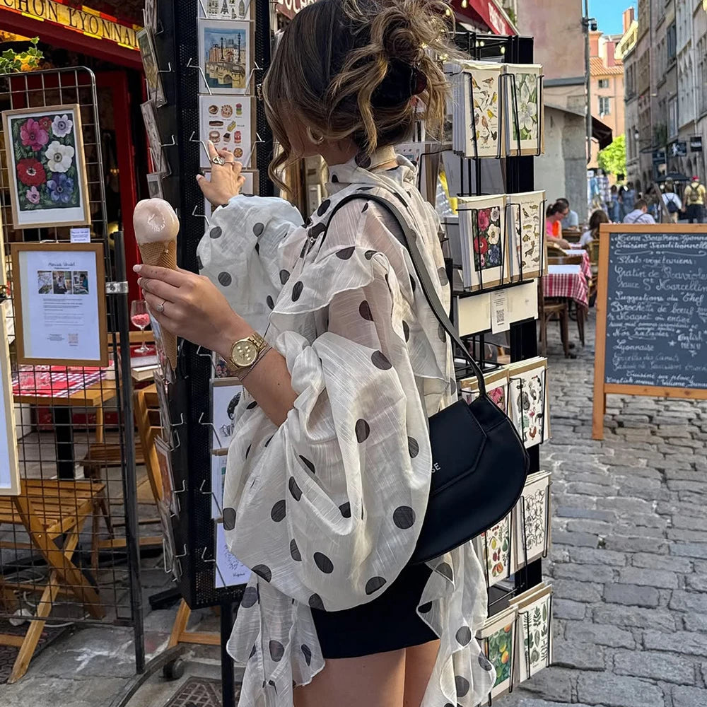 Ticketsx Polka Dot Ruffled Shirts Fashion Contrast Lace Up See Through