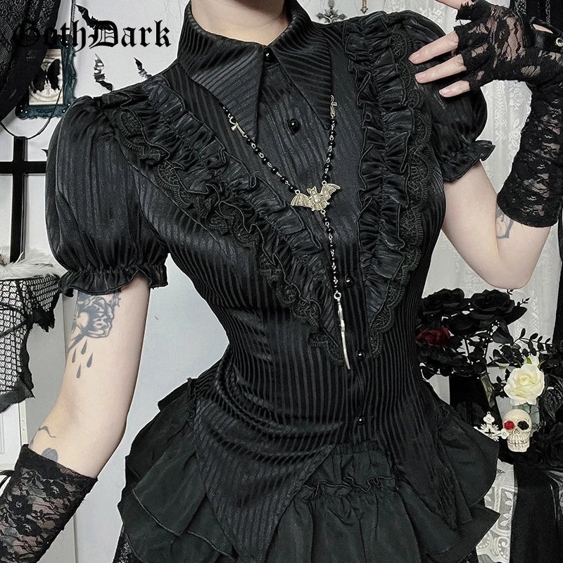 Goth Dark Kawaii Black Short Sleeve Buttons Shirt Lace-up Blouses Mall