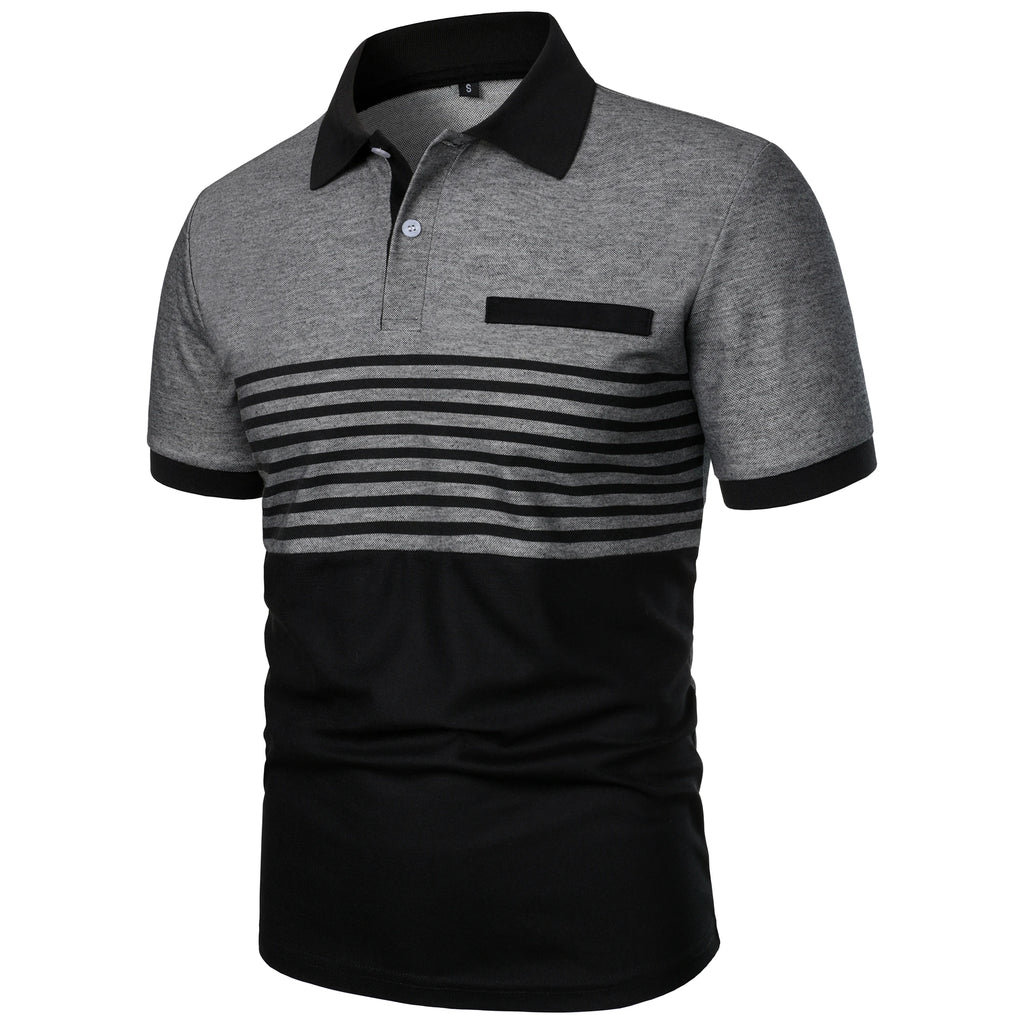 Men's color-matching striped short-sleeved lapel T-shirt casual top