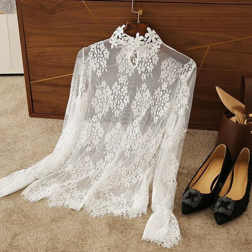 Women Elegant Perspective Lace Blouse Sexy Long Flare Sleeve High