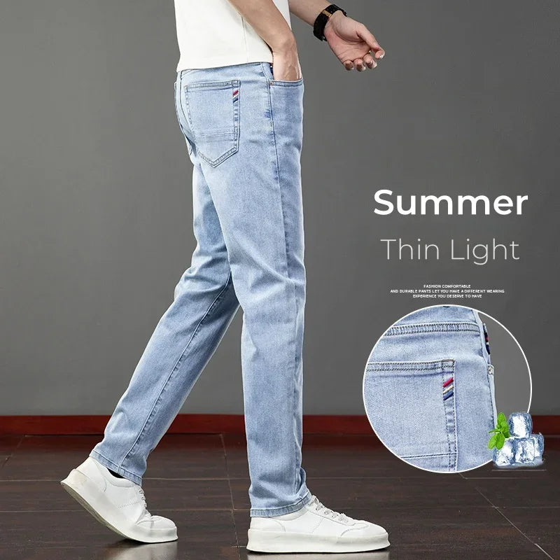 2026 Summer Men's Jeans Slim Fit Jeans Thin Stretch Straight Light