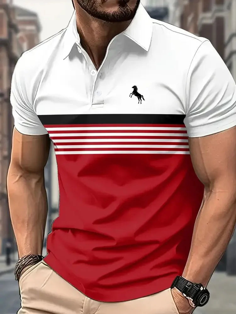 Men'S Casual Short Sleeve Polo Shirt with 3D Horse Print Striped Color