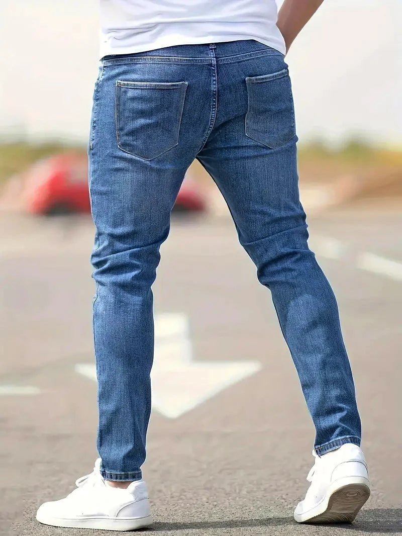 2026 Spring Men's Distressed Skinny Jeans Vintage Wash Elastic Biker