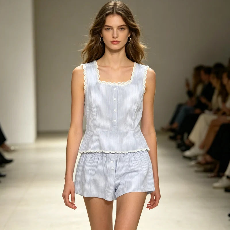 Summer Stripe Sleepwear Women Home Clothes Vest Set Lace Trim Cotton