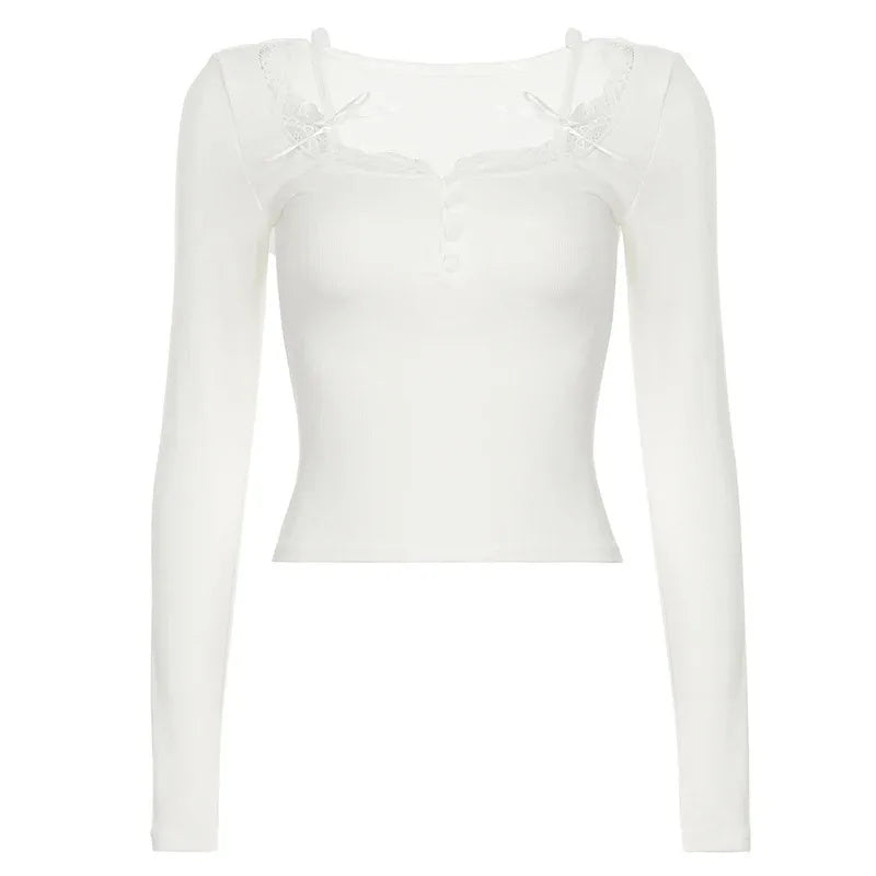 Solid Bow Stitching Square Collar T-shirt Korean Fashion Women's
