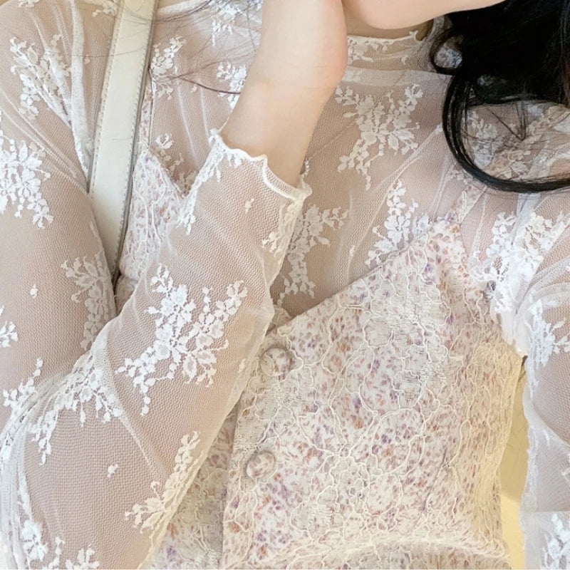 Women Half High Collar Mesh Bottomed Blouse T-shirt Lace Ear Edge