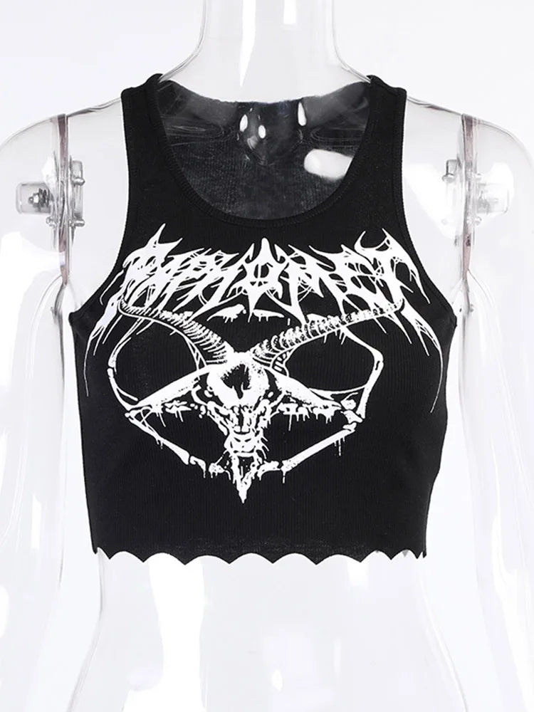 Gothic Knitted Punk Black Tank Tops Mall Goth Grunge Goat Print