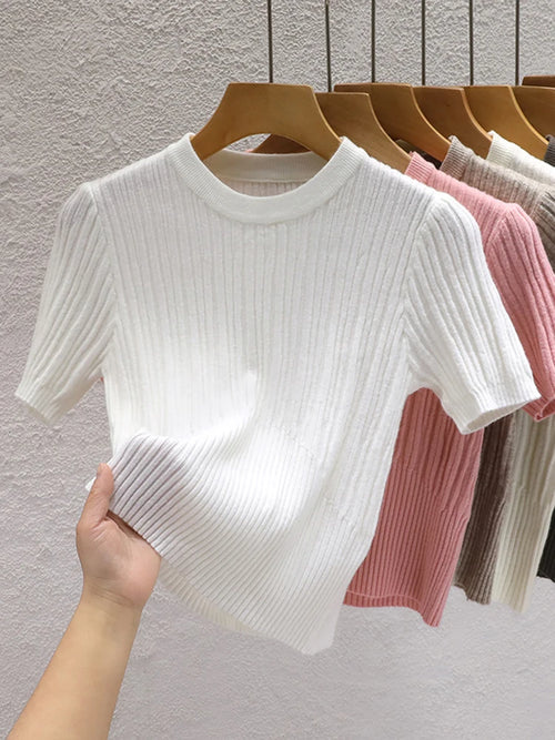 2026 Summer T shirts for Women Casual Female Korean Knit Streetwear