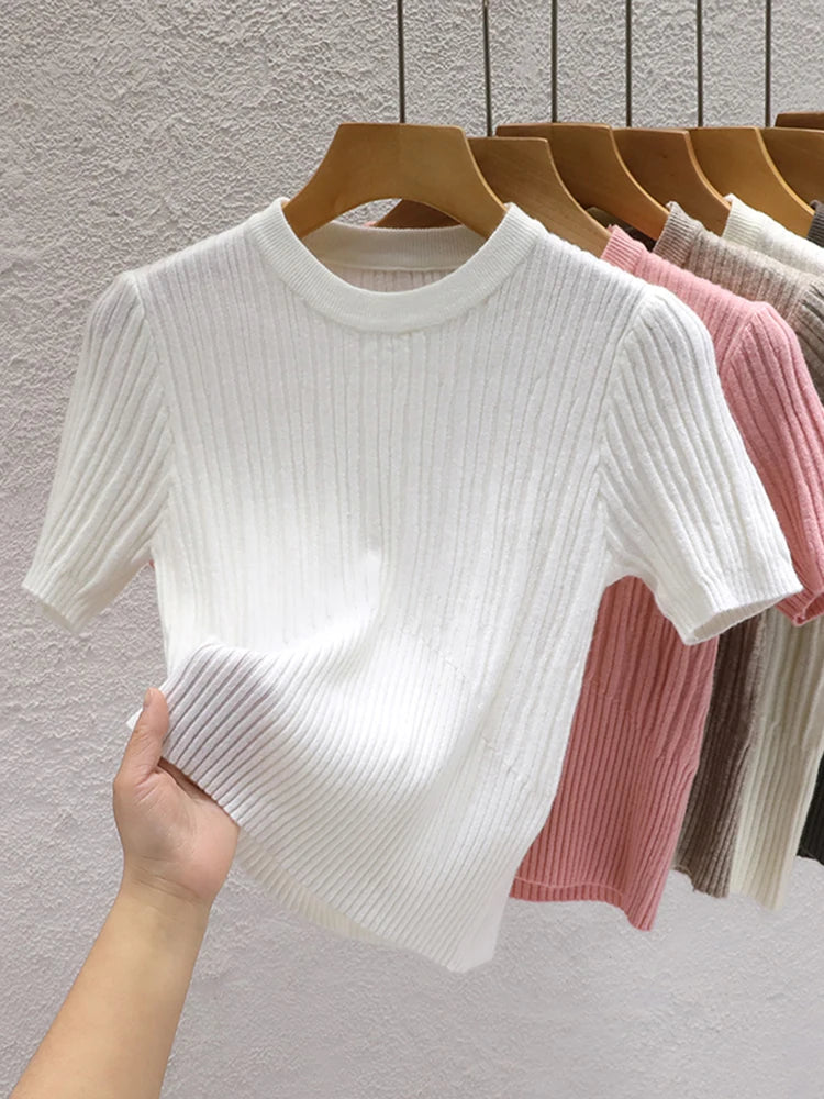 2026 Summer T shirts for Women Casual Female Korean Knit Streetwear