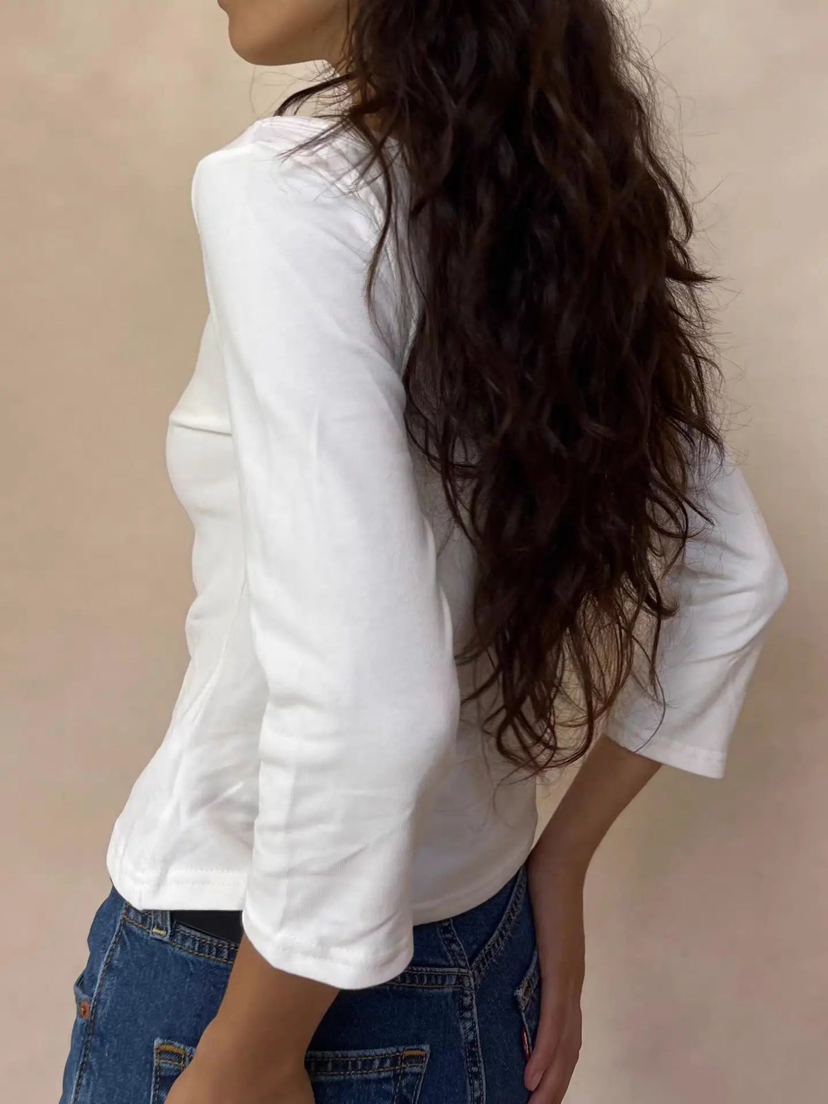 Solid Basic Three Quarter Sleeve T-shirts Woman Autumn Slash Neck