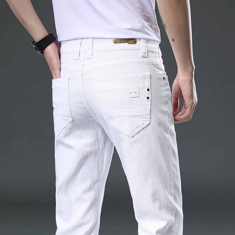 High Quality Cotton Blend White Jeans Men Fashion Casual Classic Style