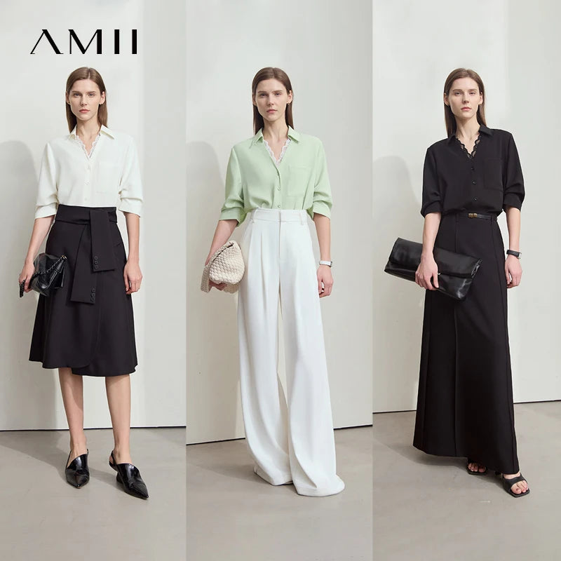 AMII Office Lady Summer Blouses Women 2025 Solid V-neck Five-quarter
